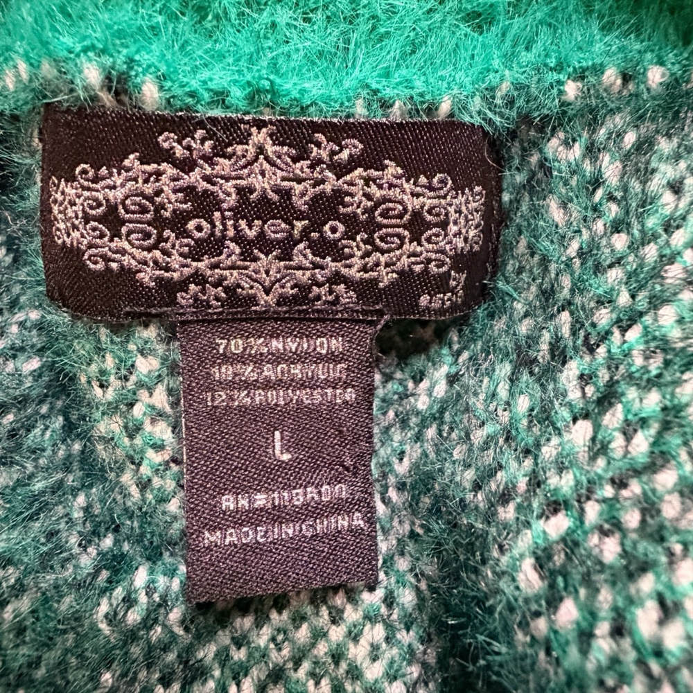 Green Plaid Fuzzy Cardigan Women L Soft Eyelash Knit Cropped Cozy Button Front - Picture 2 of 12